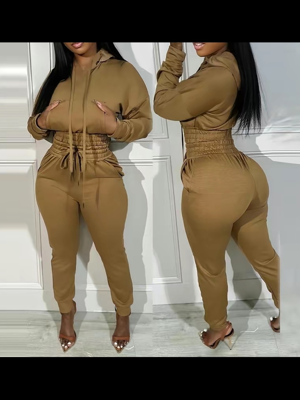 High-Waist Drawstring Hoodie Jumpsuit - Brown